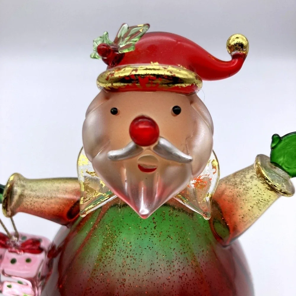 Vintage 1990's Hand Blown Glass Santa Figurine Pear Shaped Waving With Gift Fun